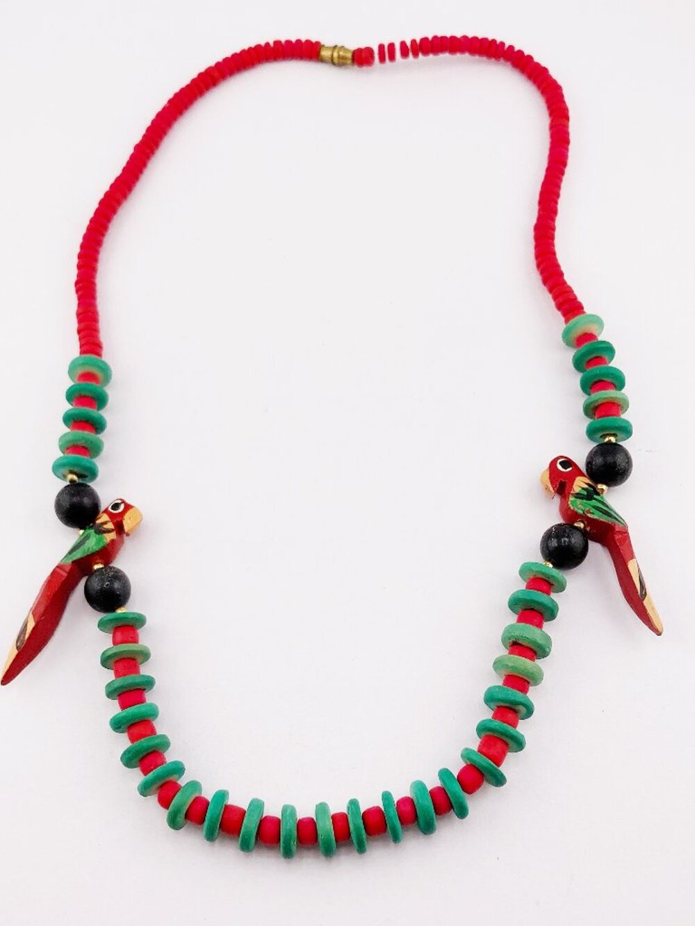VINTAGE Red and green wooden parrot beaded necklace w/ handpainted beads jewelry - Picture 2 of 8